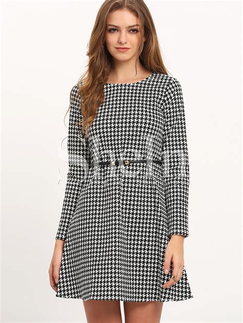 Houndstooth Long Sleeve Dress SheIn Sheinside