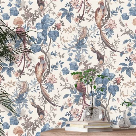 Bird Sonnet Mural Wallpaper Chambray Blue By 1838 Wallcoverings