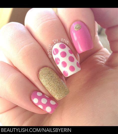 Pink Polka Dot Nails with Gold Accents | Erin M.'s (nailsbyerin) Photo ...