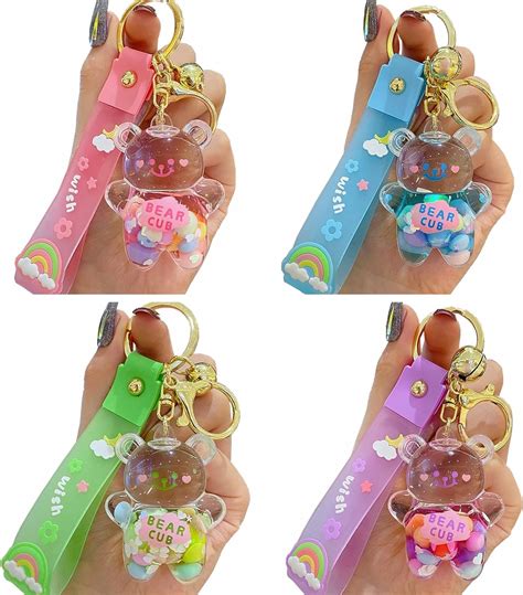 Wimeti 4 Pcs Kawaii Keychain Bear Liquid Floating Quicksand Cute Keychains Bag Charm Wristlet