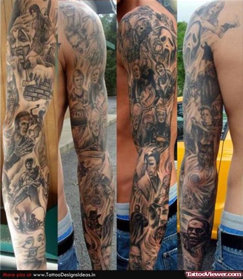 Grey Ink Horror Halloween Tattoo On Full Sleeve