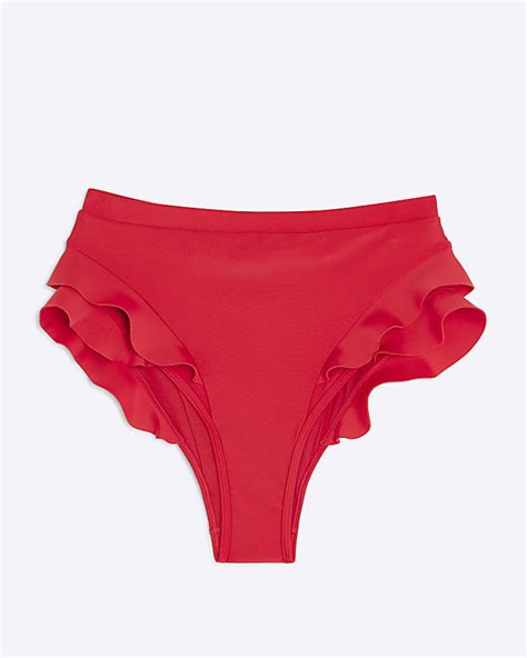 Red Frill High Waisted Bikini Bottoms River Island