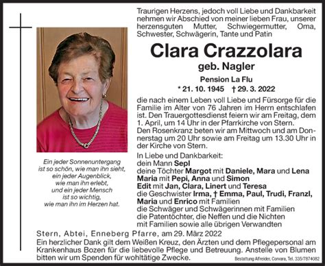 Traueranzeigen Von Clara Crazzolara Trauer Bz