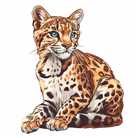 Leopardo Olhos Azuis Sentado Em Um Fundo Branco Ilustra O Vetorial