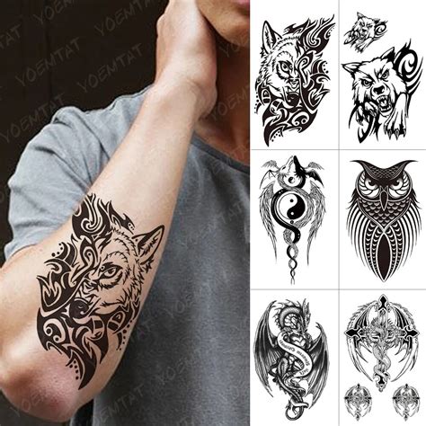 Waterdichte Tijdelijke Tattoo Sticker Wolf Yin Yang Dragon Flash