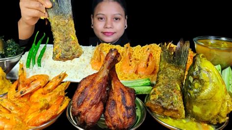 ASMR EATING FISH CURRY WITH RICE FRIED CHICKEN ALOO BHARTA PRAWNS