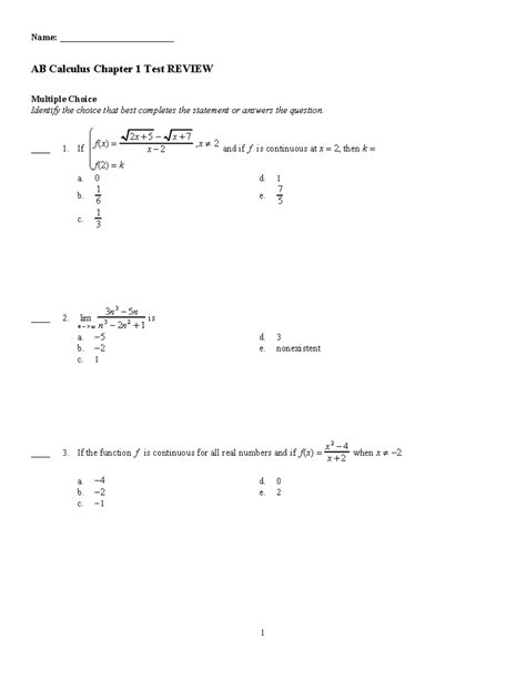 AB Calculus (MATH101) Chapter 1 Test Review: Limits and Continuity