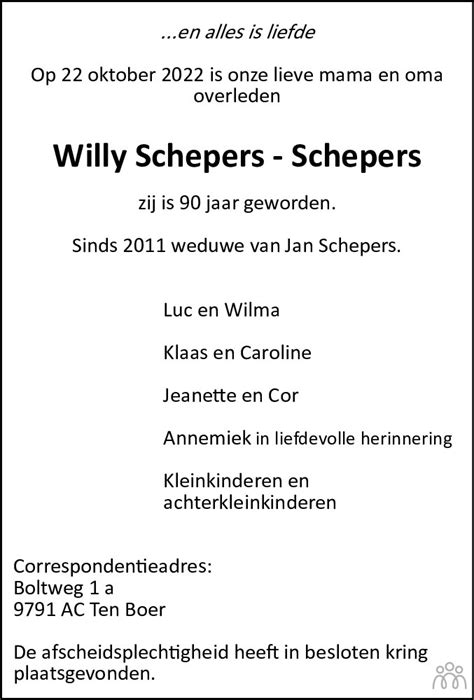 Willy Schepers Schepers Overlijdensbericht En Condoleances