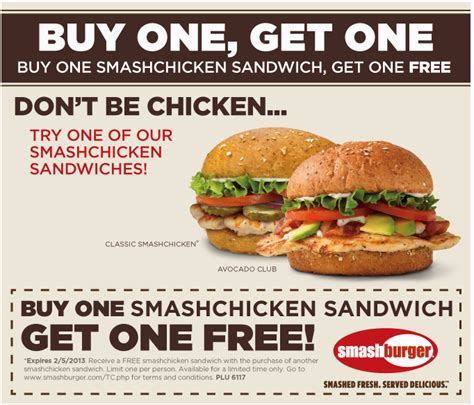 Second chicken sandwich free at Smashburger coupon via The Coupons App