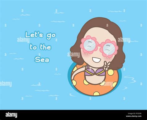 Cartoon Cute Girl Floating With Inflatable Ring On The Sea Vector