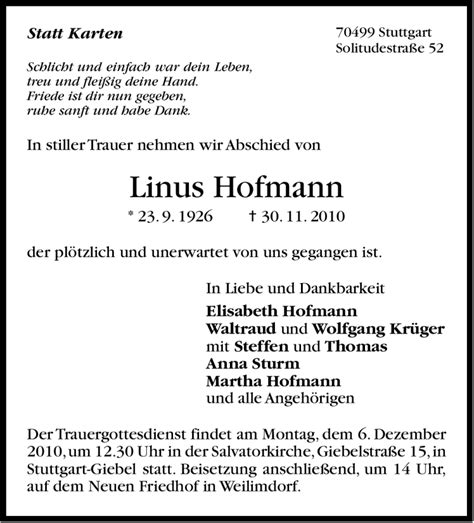 Traueranzeigen Von Linus Hofmann Stuttgart Gedenkt De