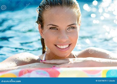 Brunette Smiling Woman Relaxing In Pool Stock Photo Image Of Smile