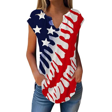 Knosfe American Flag Shirt Women V Neck Patriotic Tunic Tops 4th Of July Short Sleeve Tops