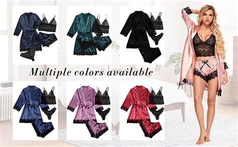 Conjunto De Pijama Feminino De Cetim Pcs Floral Lace Trim Cami Lingerie Sleepwear Robe