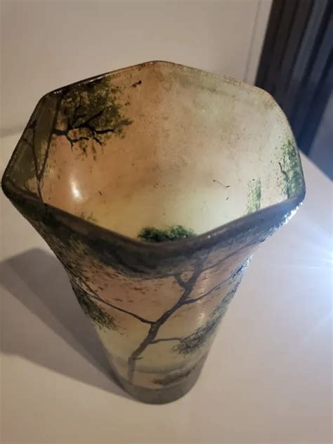 Ancien Vase En Pate De Verre Sign Legras Paysage Lacustre Jaune Et