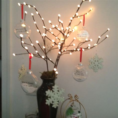 Snow tree using lighted fake tree branches and snow decorations | Snow ...