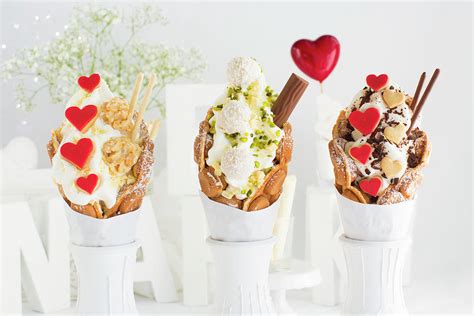 Three Different Bubble Waffles With Frozen Yoghurt Heart Shaped