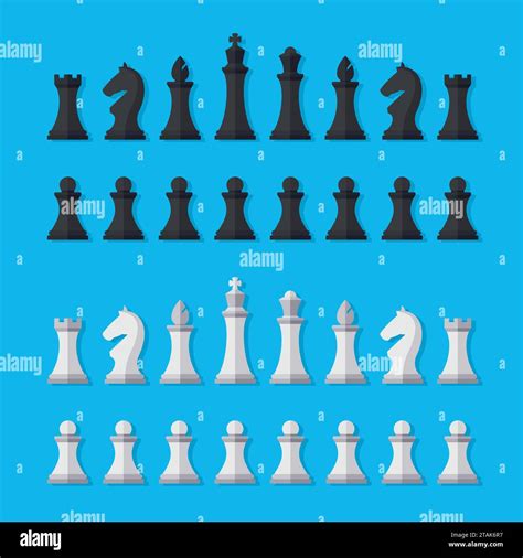 Set Black And White Chess Pieces Isolated On Blue Background Chess