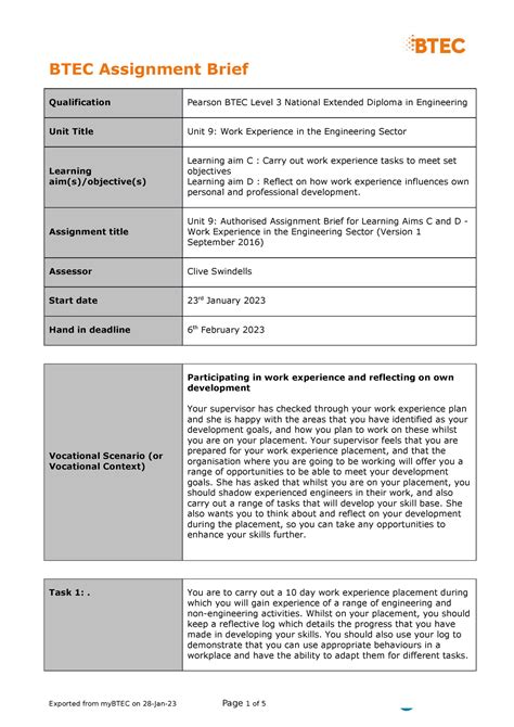 Unit 9 Authorised Assignment Brief For Learning Aims C And D Work