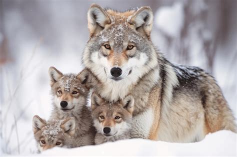 Premium AI Image Mother Wolf And Wolf Cubs In Winter Snow Generative AI