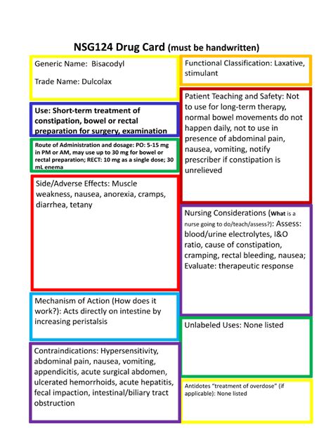 Bisacodyl Drug Card Nsg Nsg Drug Card Must Be Handwritten