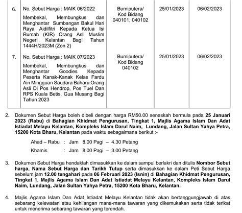 Kenyataan Tawaran Sebut Harga Bulan Januari 2023 Tarikh Tutup Pada 6 Februari 2023