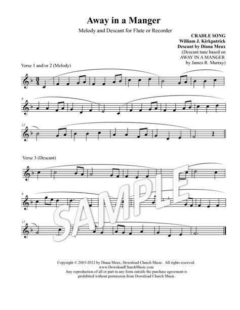 Away In A Manger Recorder Or Flute Melody Descant By William J