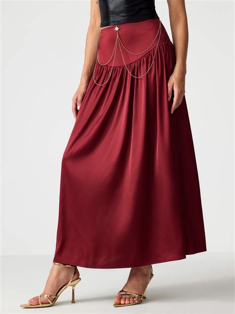 Satin Mid Waist Star Ruched Maxi Skirt Cider