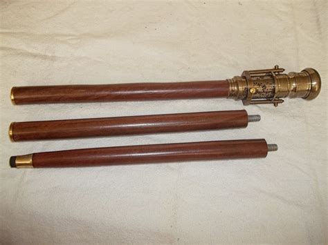 Wooden 3 Piece Walking Stick Heavy Brass Handle With Telescope And Compass Walking Stick