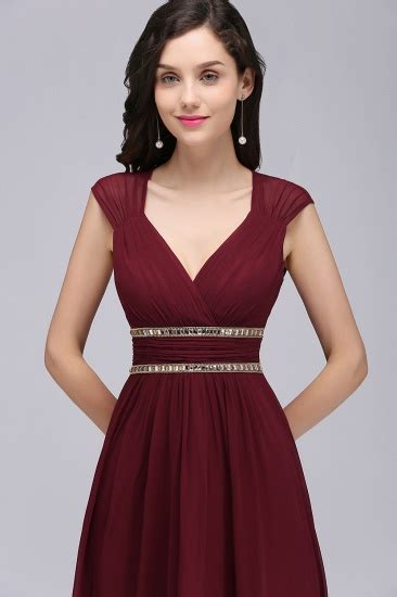 Bmbridal Chiffon Burgundy V Neck Cap Sleeve Bridesmaid Dress With