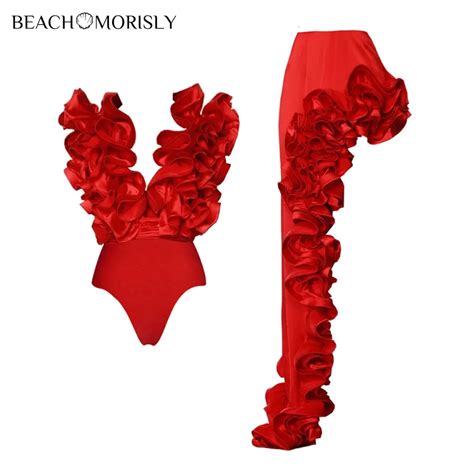 Red 3d Flower One Piece Swimsuit E Saia Set Para Mulheres Sexy Beach