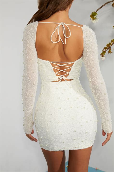 Milan Long Sleeve Embellished Corset Mini Dress In Ivory Oh Polly