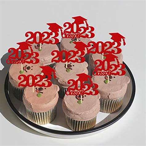 Rsstarxi 24 Pack Red Glitter 2023 Graduation Cap Cupcake Toppers Class