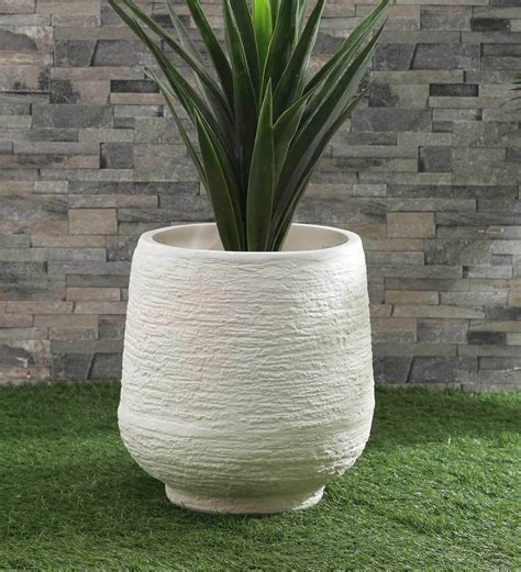 Buy White Polystone Round Shaped Medium Planter By Yuccabe Italia