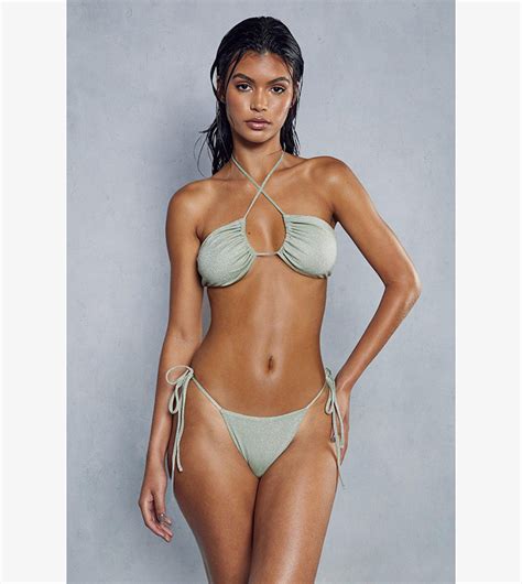 Buy Misspap Halter Neck Strappy Glitter Bikini Set In Khaki Thstreet