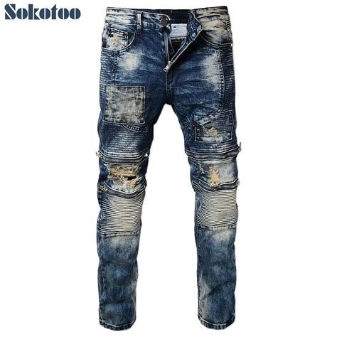 Aliexpress Buy Sokotoo Men S Vintage Pleated Holes Ripped Biker