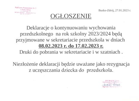 Deklaracje O Kontynuowaniu Wychowania Przedszkolnego Na Rok Szkolny