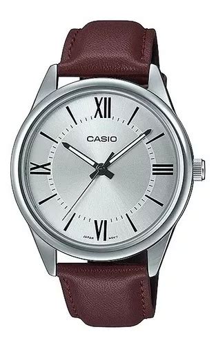 Reloj Casio Hombre Mtp V005l 7b5 Malla Cuero Fondo Plateado Color Del