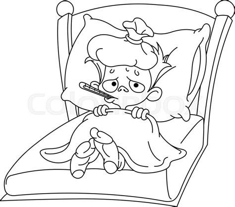 Outlined Sick Kid Lying In Bed Vector Stock Vector Colourbox