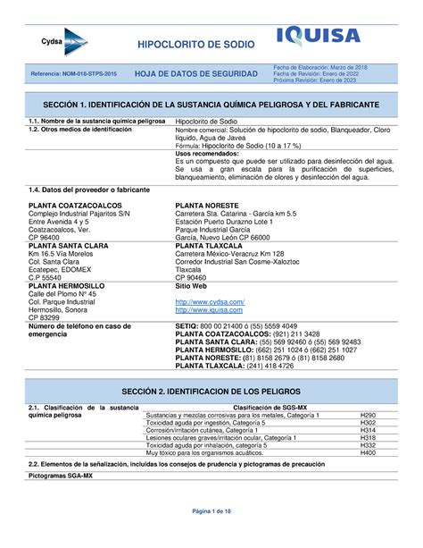 3 HDS Hipoclorito DE Sodio 4 Referencia NOM 018 STPS 2015 HOJA DE