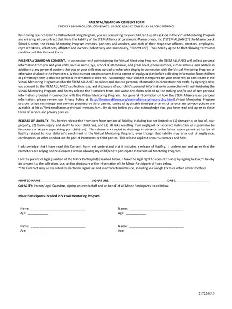 Fillable Online Parental Guardian Consent Form The STEM Alliance Fax