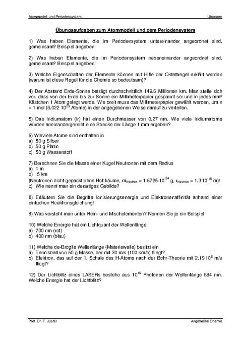 Bungsaufgaben Atommodell Und Periodensystem Atommodell Und