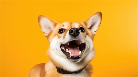 Perro Sonriente Feliz Aislado En Un Fondo Amarillo Foto Premium