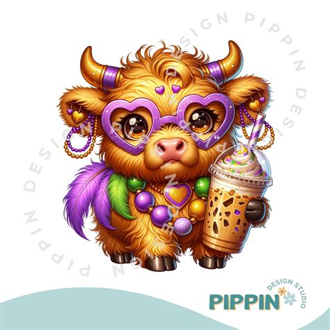 Mardi Gras Highland Cow T Shirt PNG Cartoon Cow Tshirt Design High