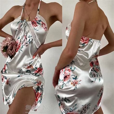 Sexy Sleeveless Nightgown Print Flower Lingerie Ice Silk Home Dress Women Chemise Sleepwear