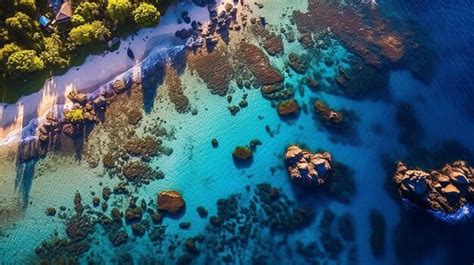 Premium AI Image | An aerial view of a tropical island with a blue ocean and a coral reef.