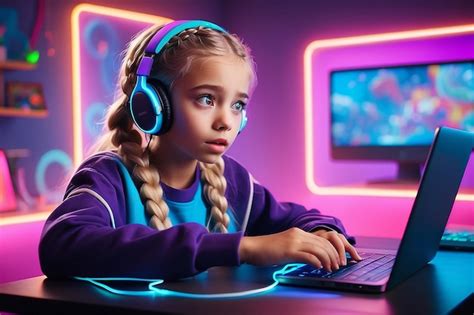 Premium Photo Amazed Shocked Cute Preteen Blonde Girl With Two Braids Using Laptop With Shining
