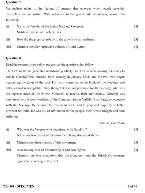 Cisce Icse Class 10th History And Civics Specimen Question Paper 2024 See Photos Here