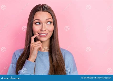 Portrait Of Attractive Cheerful Brunet Girl Looking Aside Copy Space