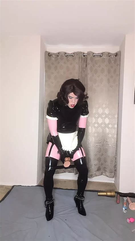 Latex Catsuit And Maid Dress Sissy Tries To Fuck Both Of Her Holes With Dildos Shemale Porn